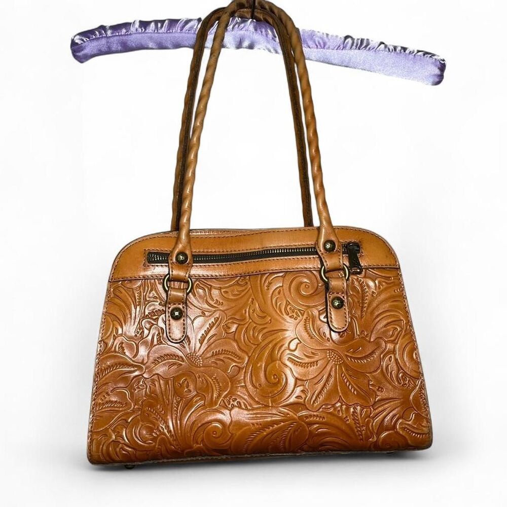 Patricia Nash Floral Tooled Brown Tan Leather Handbag Purse Boho